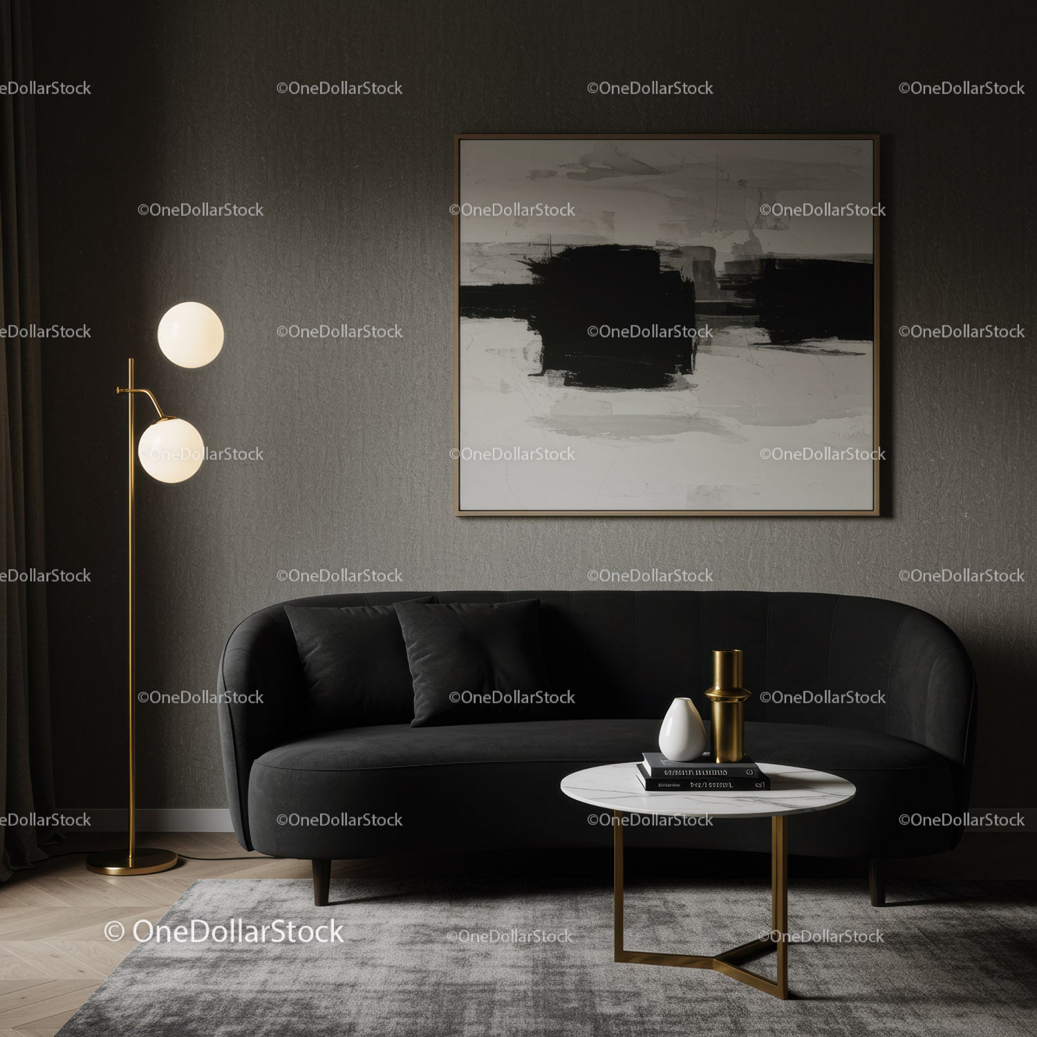 Modern living room with black sofa and abstract art