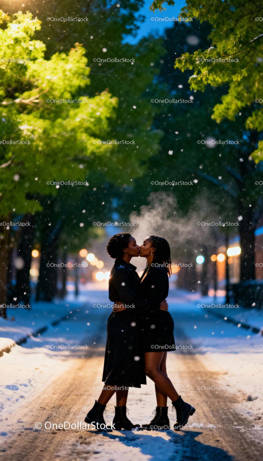 Couple Sharing a Winter Kiss on Snowy City Street