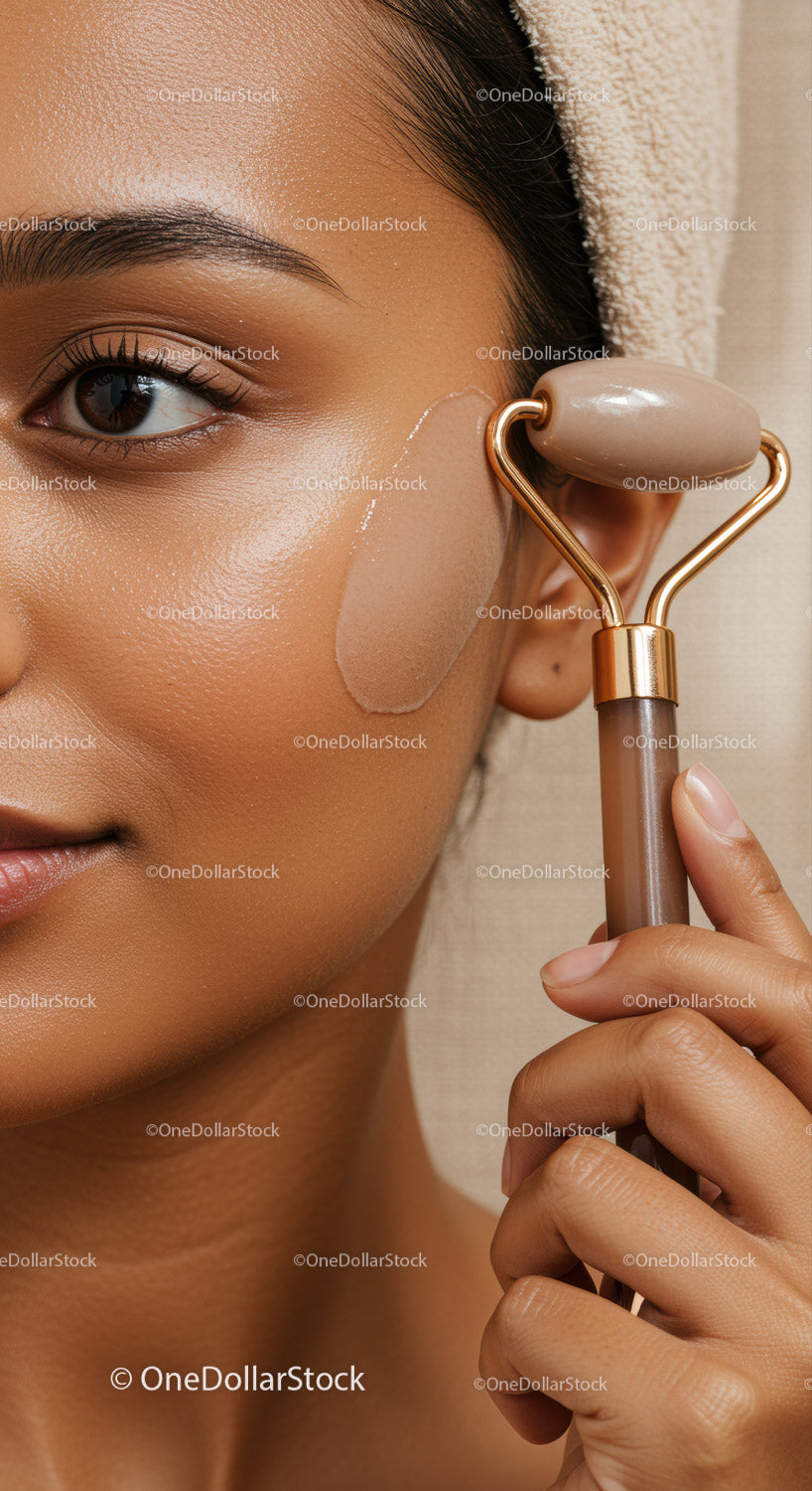 Close-up of a Woman Using a Facial Roller for Skin Care and Relaxation