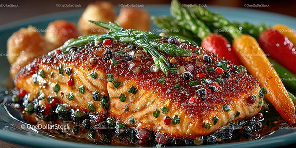 Gourmet Grilled Salmon Fillet with Herbs and Vegetables on Plate