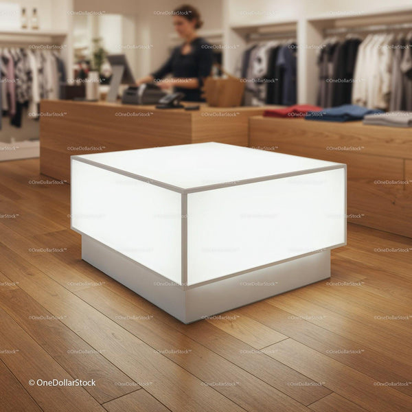 Modern illuminated display table in boutique store interior JPG Mockup Image