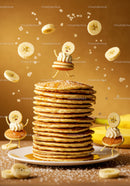 Stack of fluffy pancakes with animated banana toppings