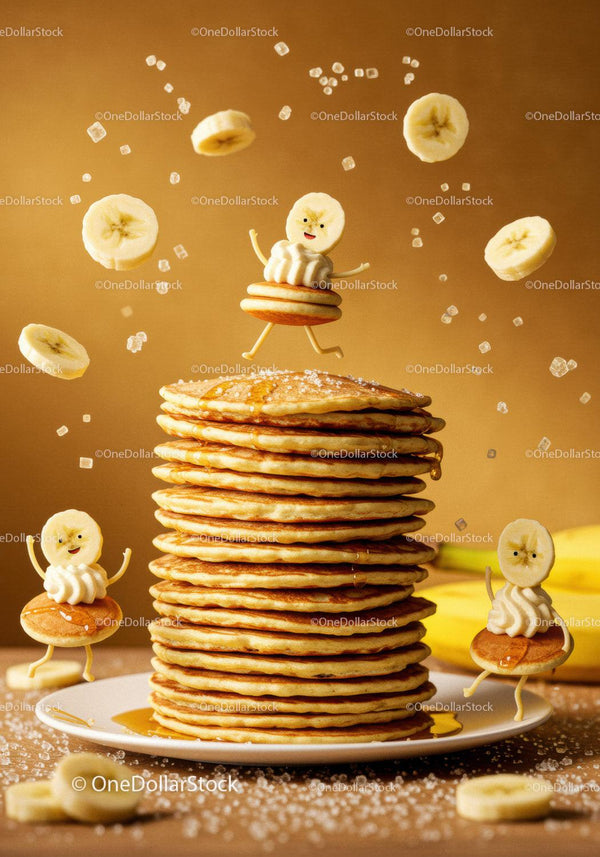 Stack of fluffy pancakes with animated banana toppings