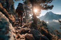 Mountain Trail Hiker Trekking in Scenic Wilderness With Sunlight
