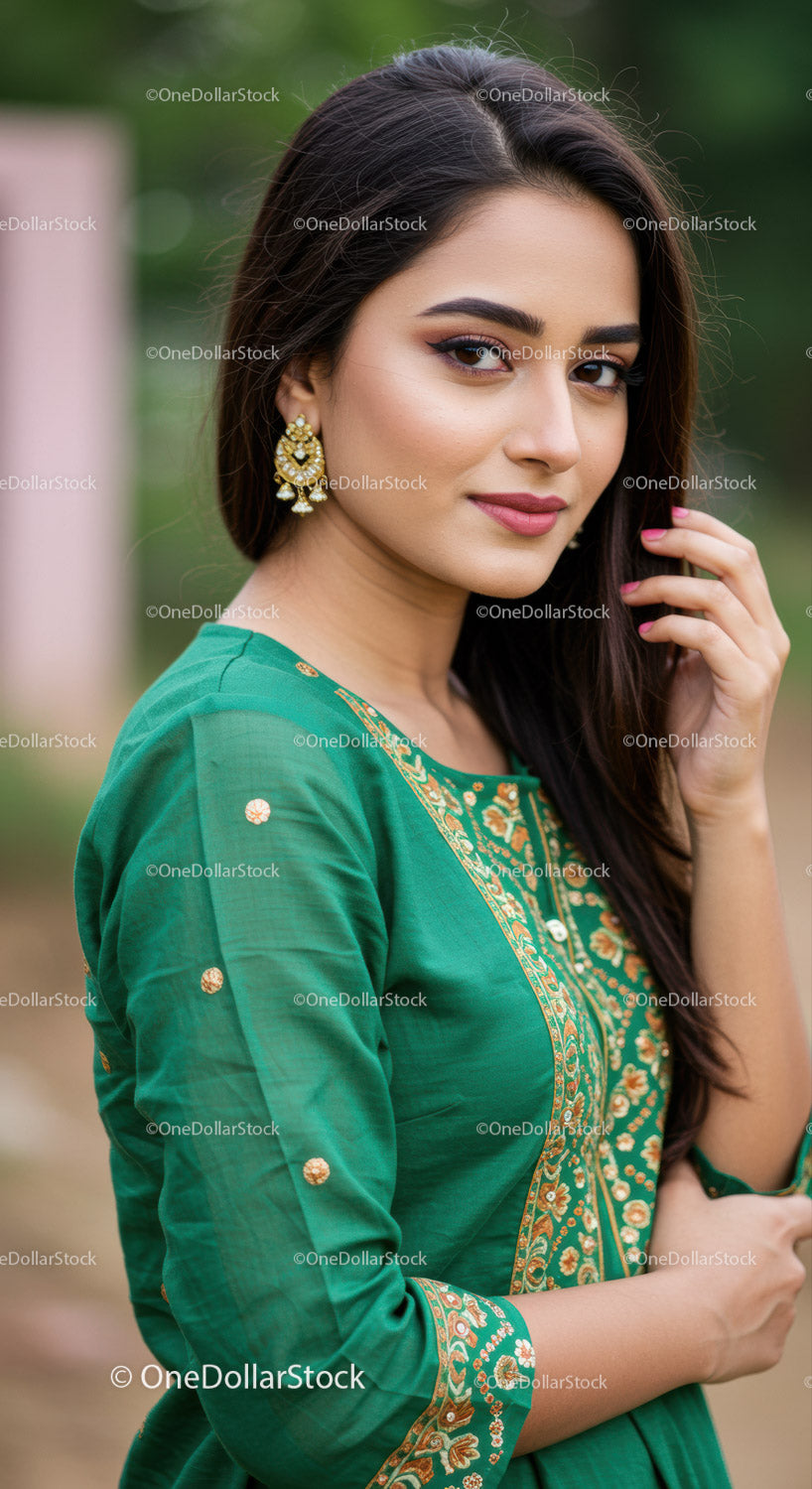 Elegant Woman in Green Saree with Gold Embroidery Outdoor Portrait