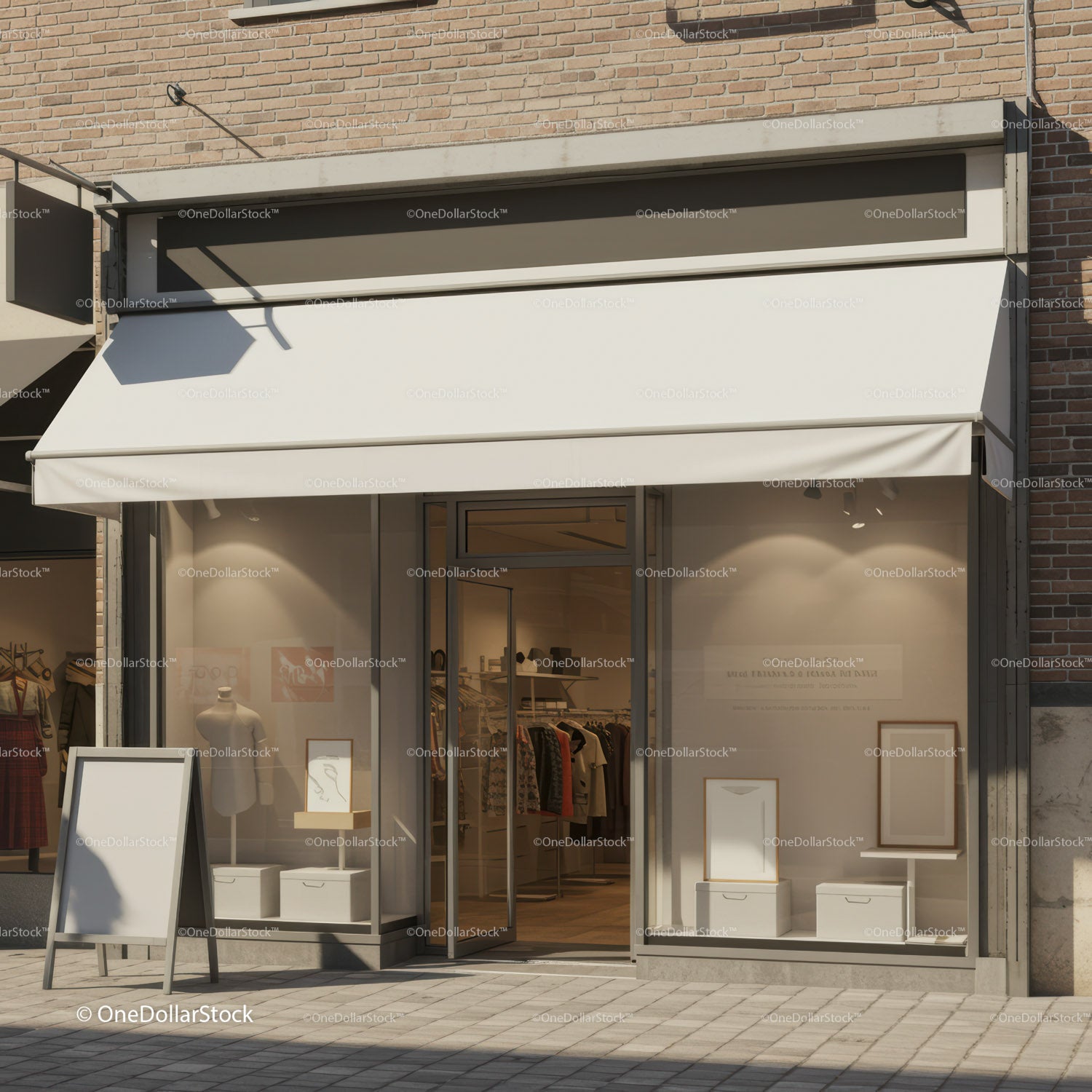 Minimalist fashion store with white canopy and window displays