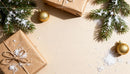 Rustic Christmas Gifts with Evergreen and Golden Ornaments