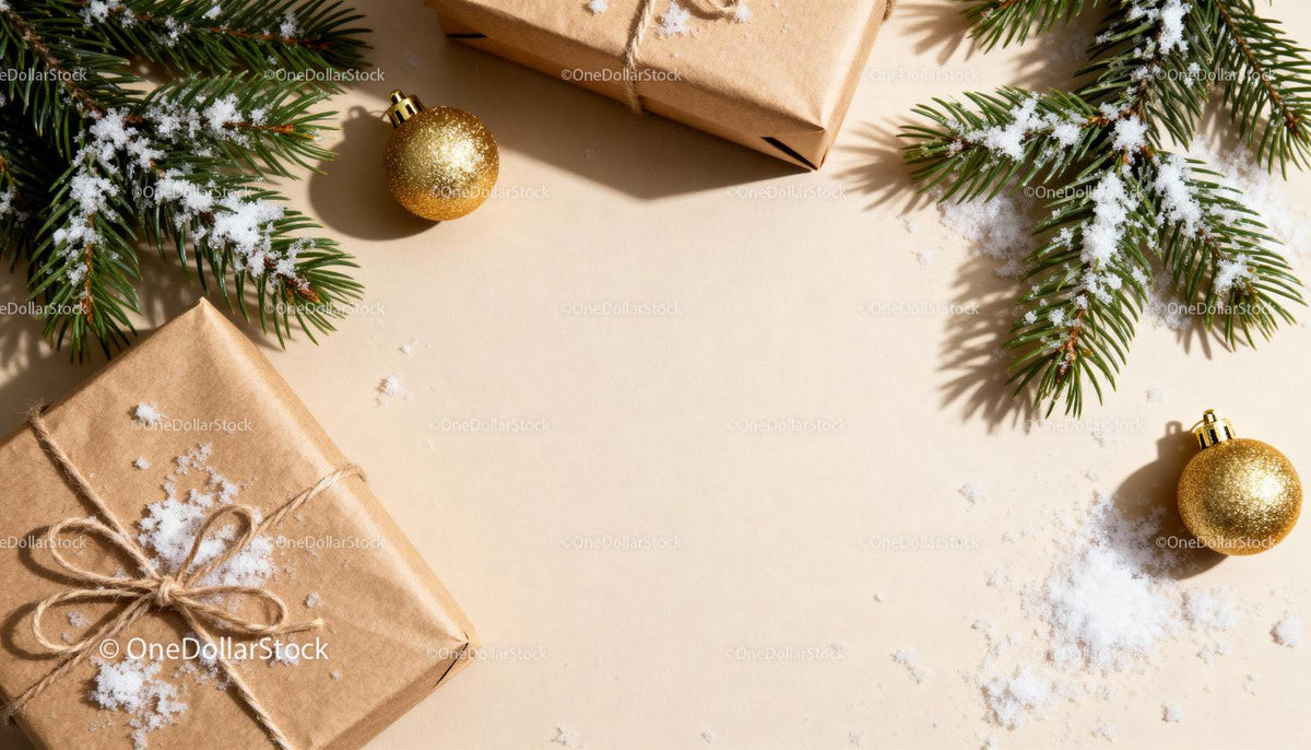 Rustic Christmas Gifts with Evergreen and Golden Ornaments