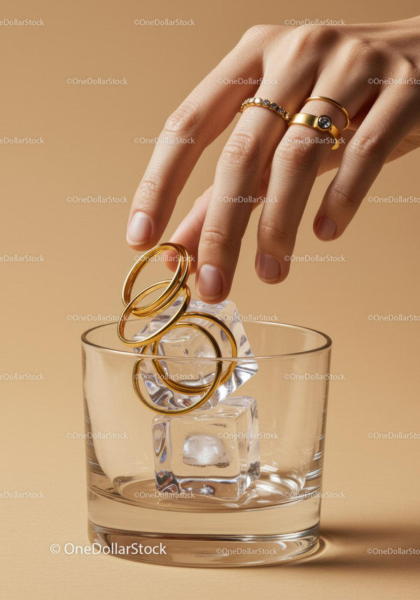 Hand placing golden rings on ice cubes in glass