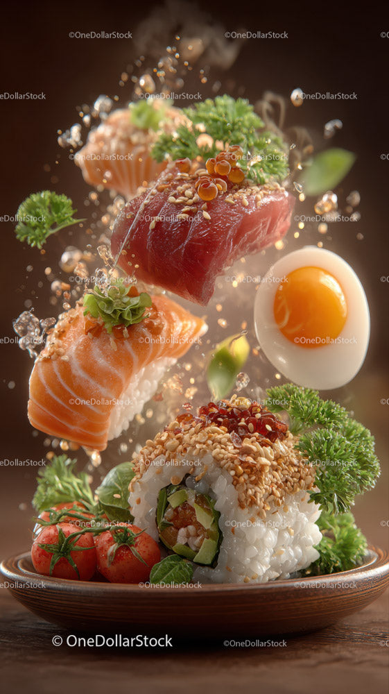 Colorful Sushi Platter with Salmon Tuna Eel and Vegetables