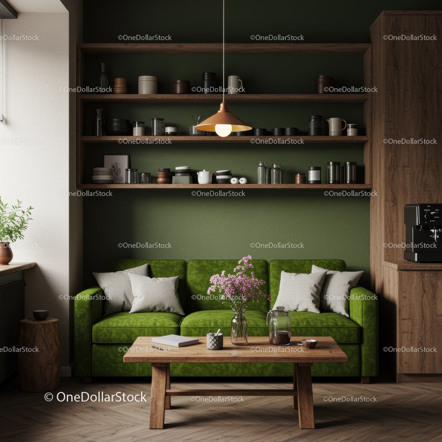 Cozy modern living room with green sofa and wooden accents