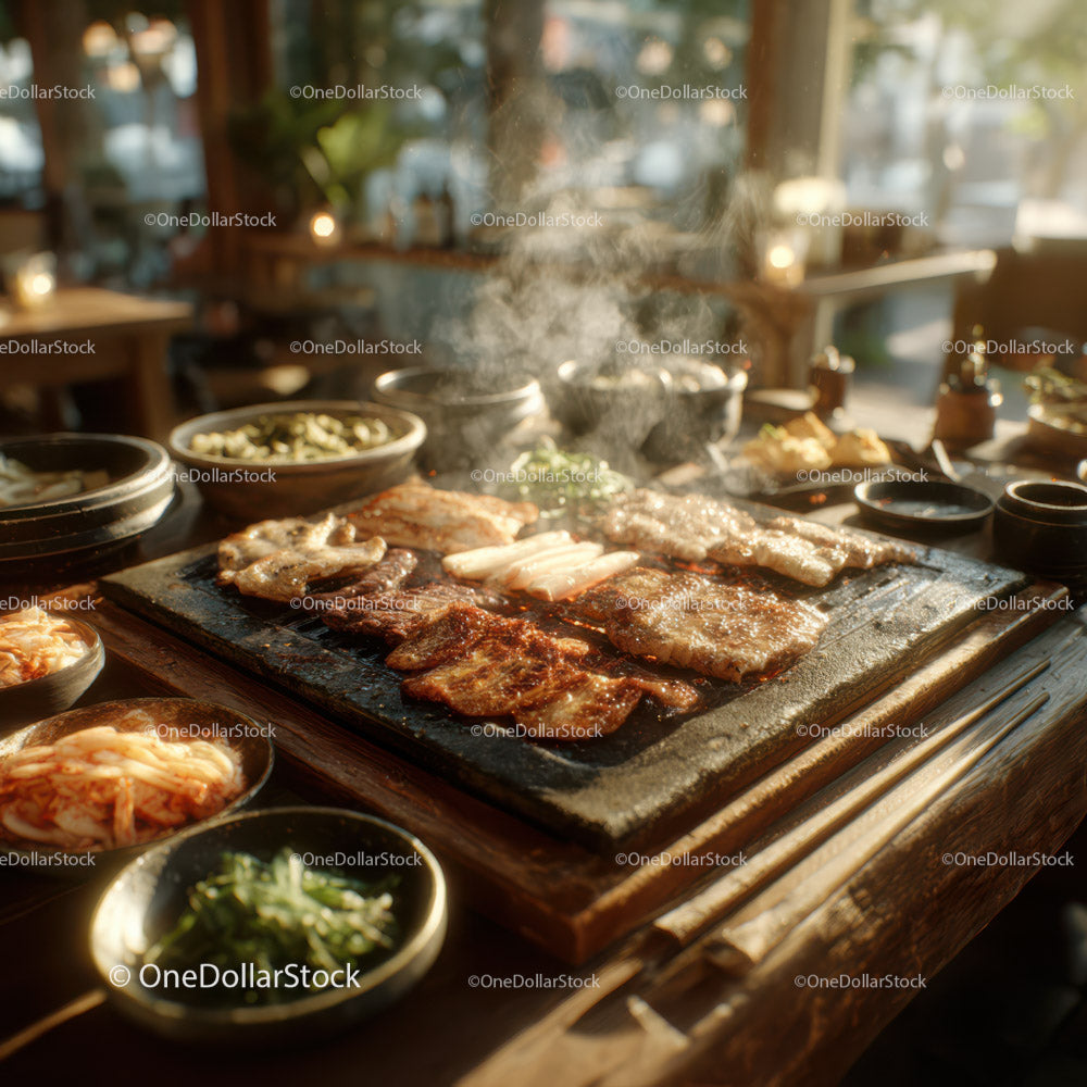 Korean Barbecue Platter with Grilled Meat and Side Dishes