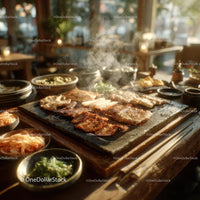 Korean Barbecue Platter with Grilled Meat and Side Dishes