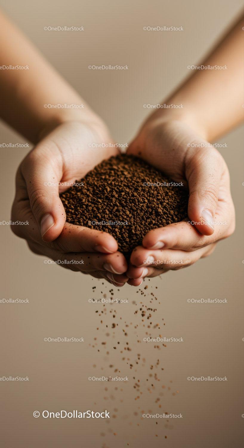 Hands gently holding and pouring instant coffee granules