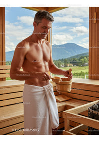 Relaxing Shirtless Man in Wooden Sauna with Mountain View Scene