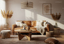 Cozy living room with caramel leather sofa and warm decor
