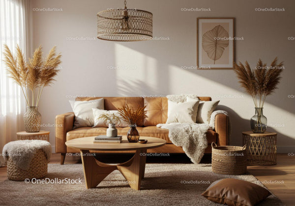 Cozy living room with caramel leather sofa and warm decor