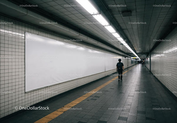 Underground Subway Tunnel with Fluorescent Lighting and Tiled Walls JPG Mockup Image