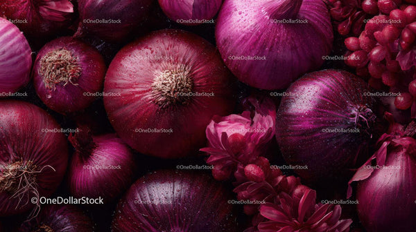 Red Onions and Pink Hyacinths in a Dark Botanical Still Life