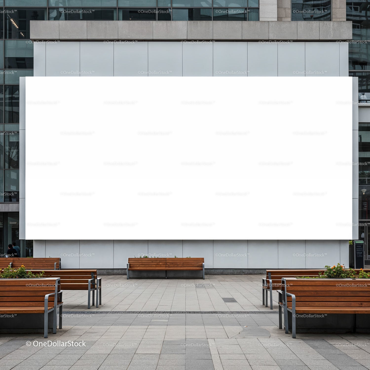 Empty Urban Plaza with Large Blank Billboard and Benches