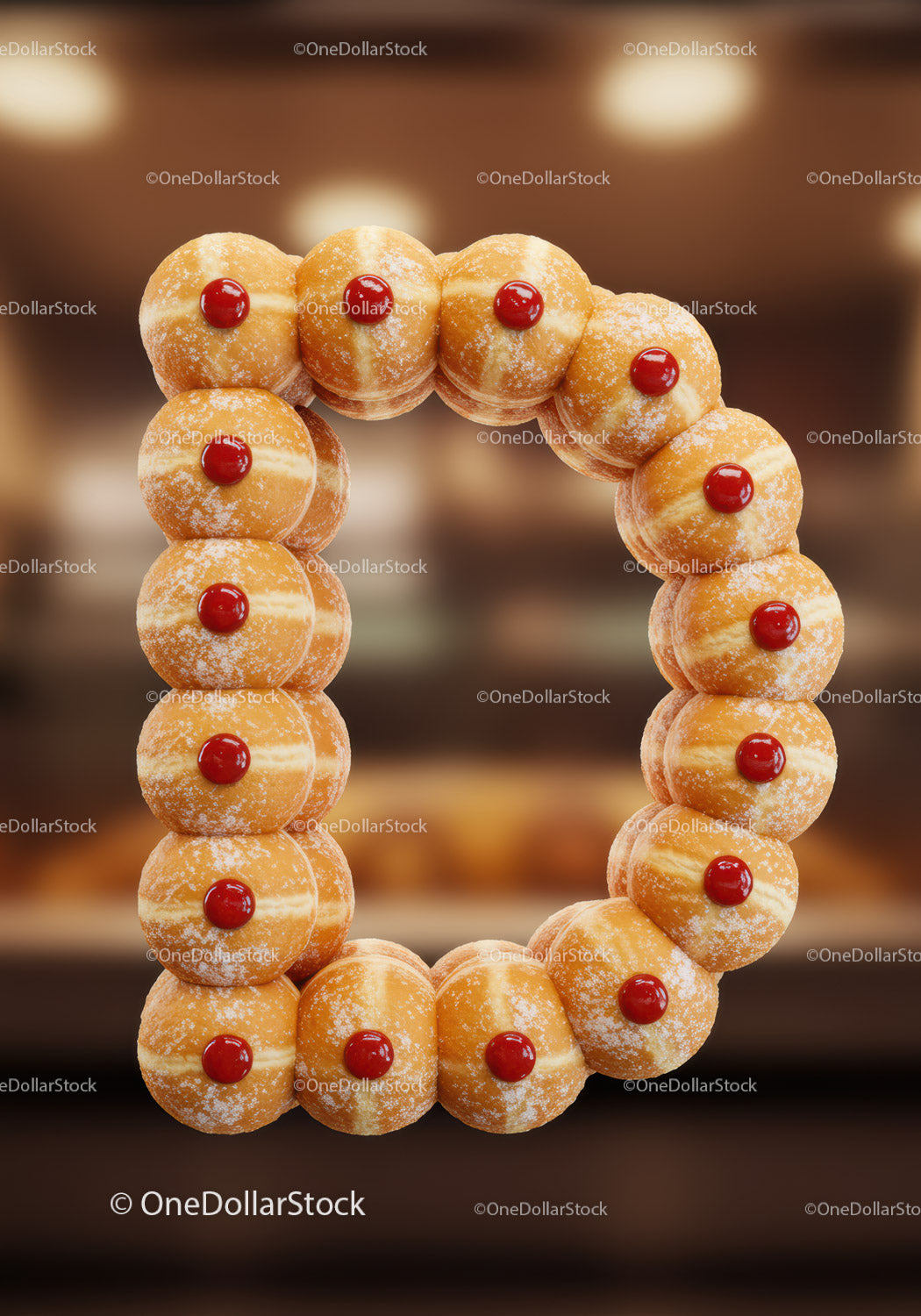 Sweet jelly donut ring with powdered sugar and jam