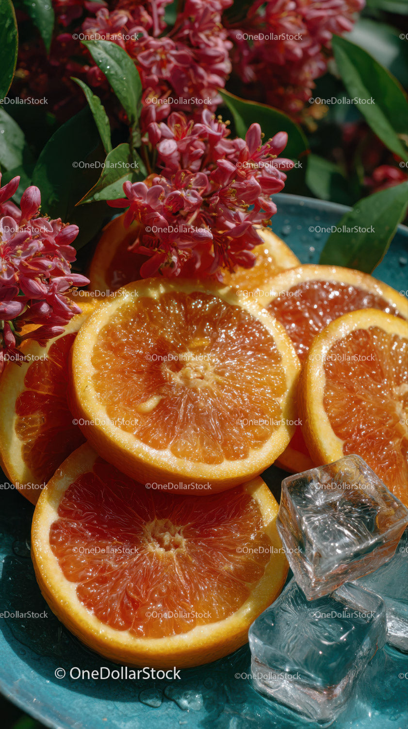 Fresh Sliced Oranges with Ice Cubes and Pink Flowers for Refreshing Enjoyment