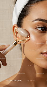 Close-up of Woman Using Jade Facial Roller for Skin Rejuvenation