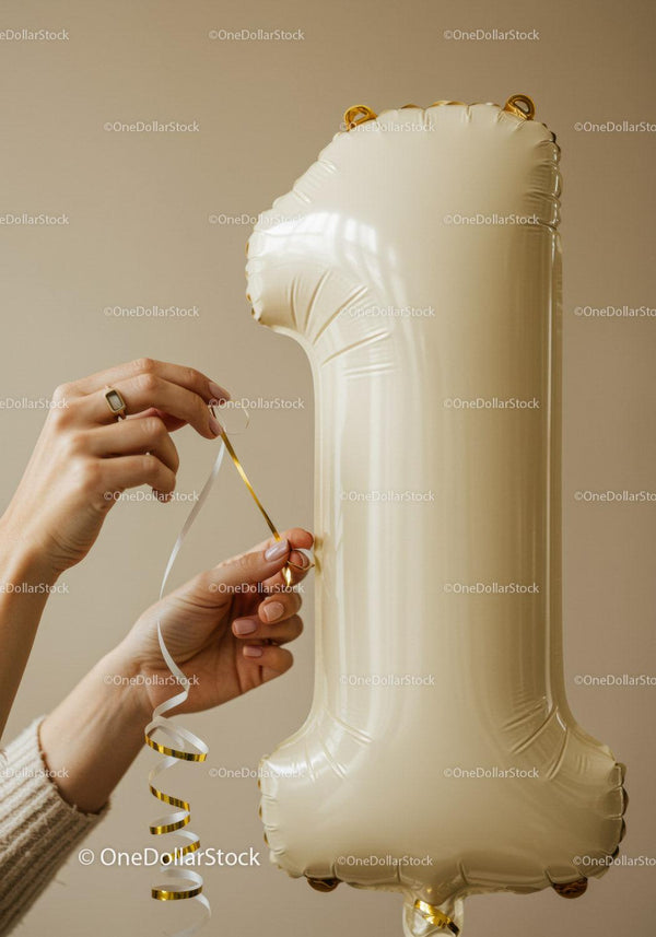 Hands decorating beige number one balloon with ribbon