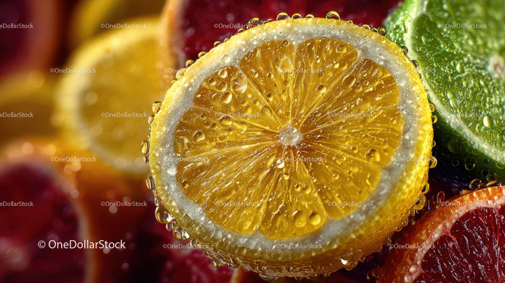 Juicy Lemon Slice with Water Droplets and Colorful Berries