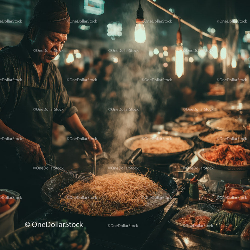 Night Market Chef Cooking Noodles at Vibrant Street Food Stall