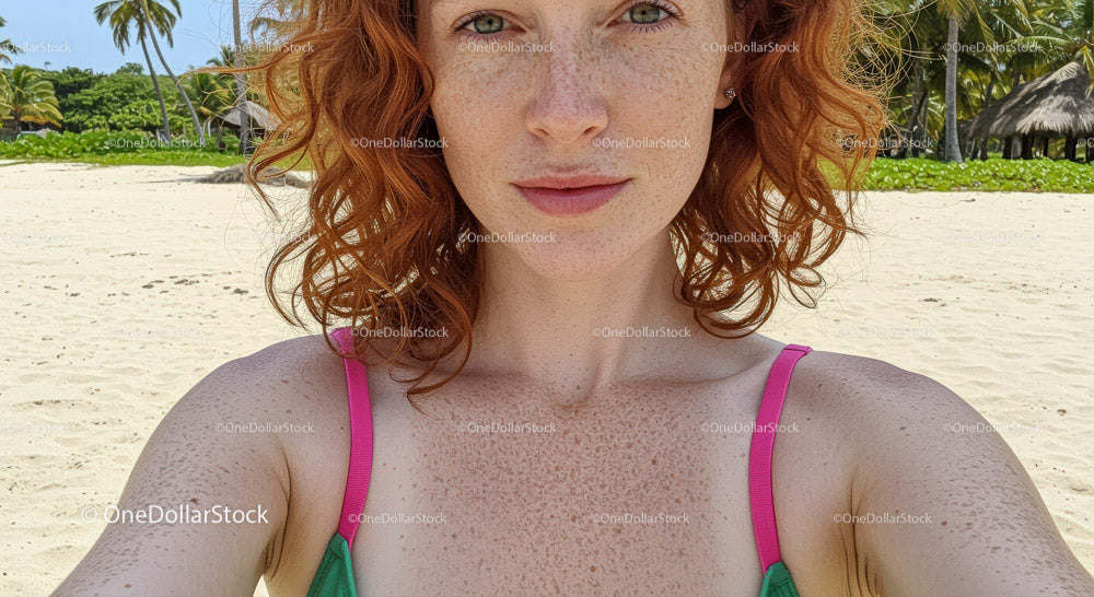 Freckled Woman Enjoying a Sunny Beach Day