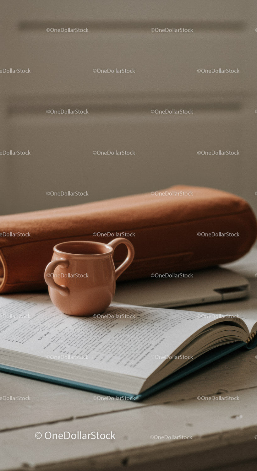 Ceramic Mug, Wooden Rolling Pin and Open Book on Cozy Study Table