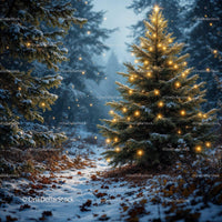 Winter forest path with glowing decorated Christmas tree