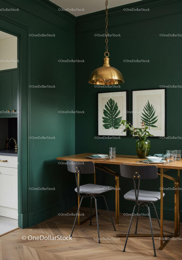 Stylish Green Accent Wall Dining Area with Botanical Artwork and Gold Pendant Light