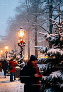 Snowy Christmas Market with Festive Street Lamps