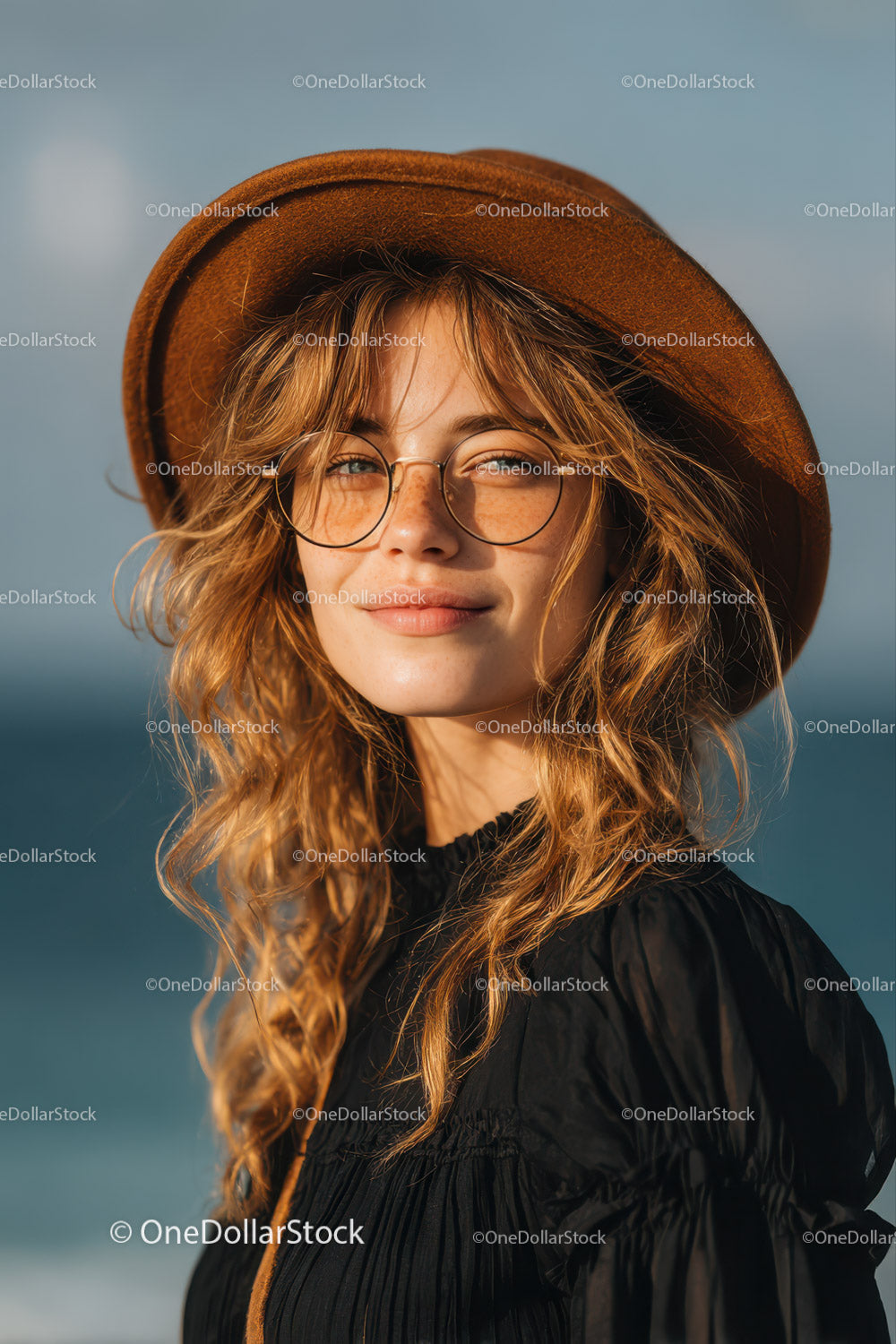 Stylish Summer Portrait of a Woman Wearing a Straw Hat by the Beach