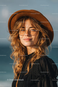 Stylish Summer Portrait of a Woman Wearing a Straw Hat by the Beach
