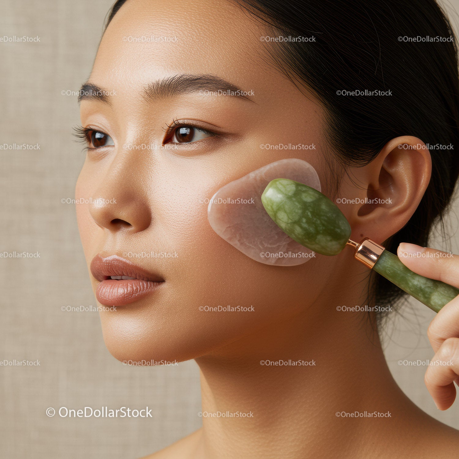 Close-Up of a Woman Receiving Jade Roller Facial Massage for Skin Rejuvenation