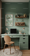 Modern Green Home Office with Wooden Desk and Shelves