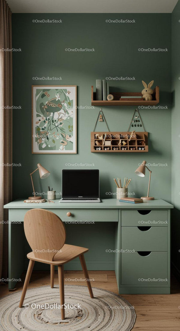 Modern Green Home Office with Wooden Desk and Shelves