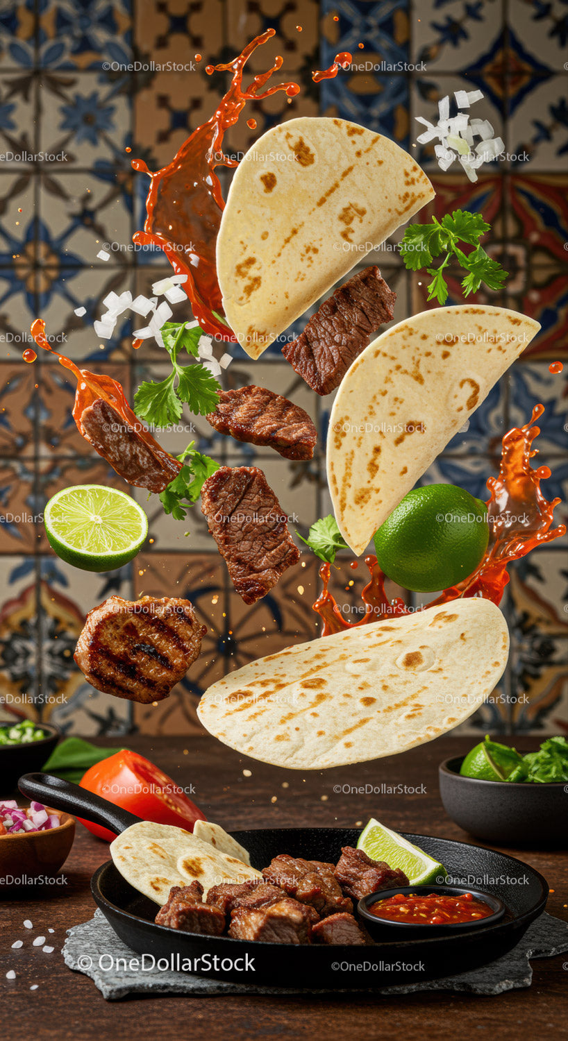 Świeże grillowane tacos ze stekiem, limonką i odrobiną salsy