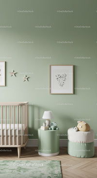 Pastel Green Nursery Room with Baby Crib and Wall Art