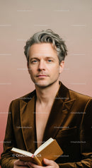 Elegant Mature Man in Brown Velvet Blazer Reading Book
