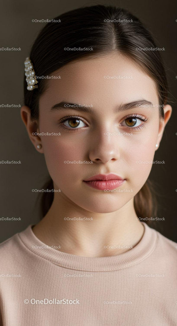 Young Girl Portrait with Brown Eyes and Pearl Hair Accessory