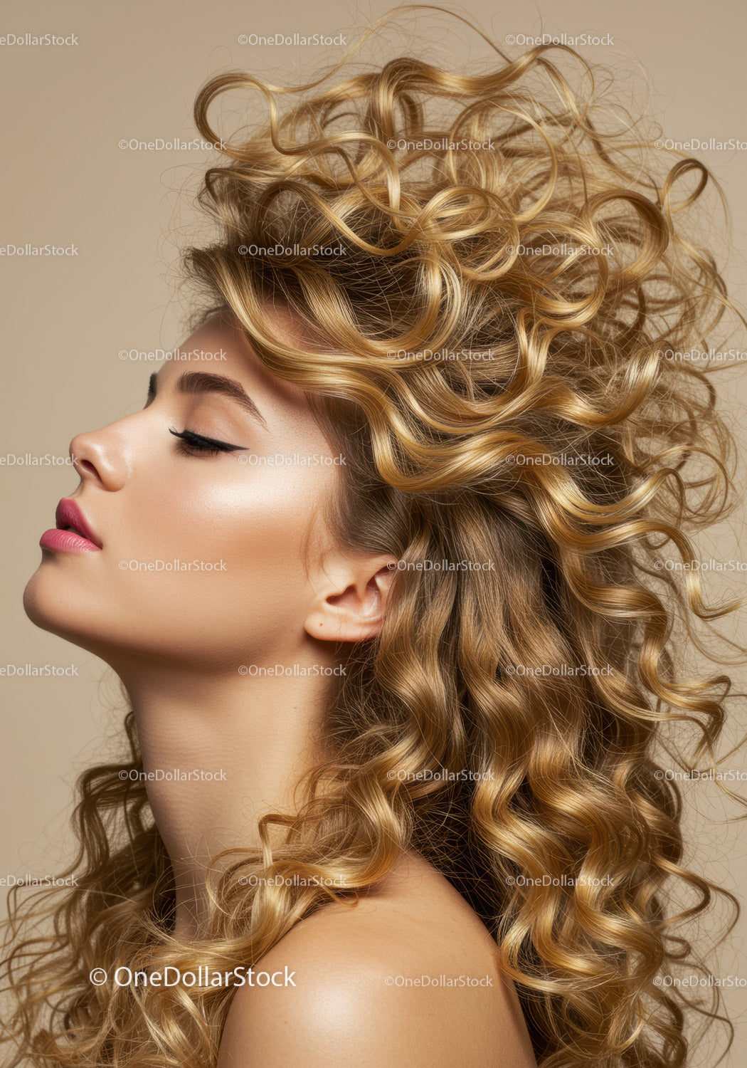 Profile of woman with voluminous curly blonde hair