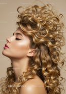 Profile of woman with voluminous curly blonde hair