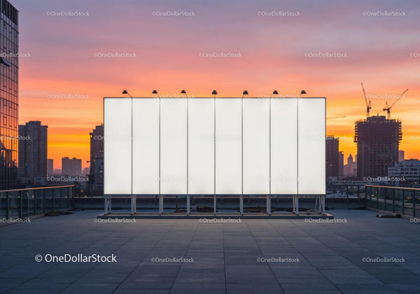 Modern City Skyline Sunset with Empty Billboard on Rooftop JPG Mockup Image