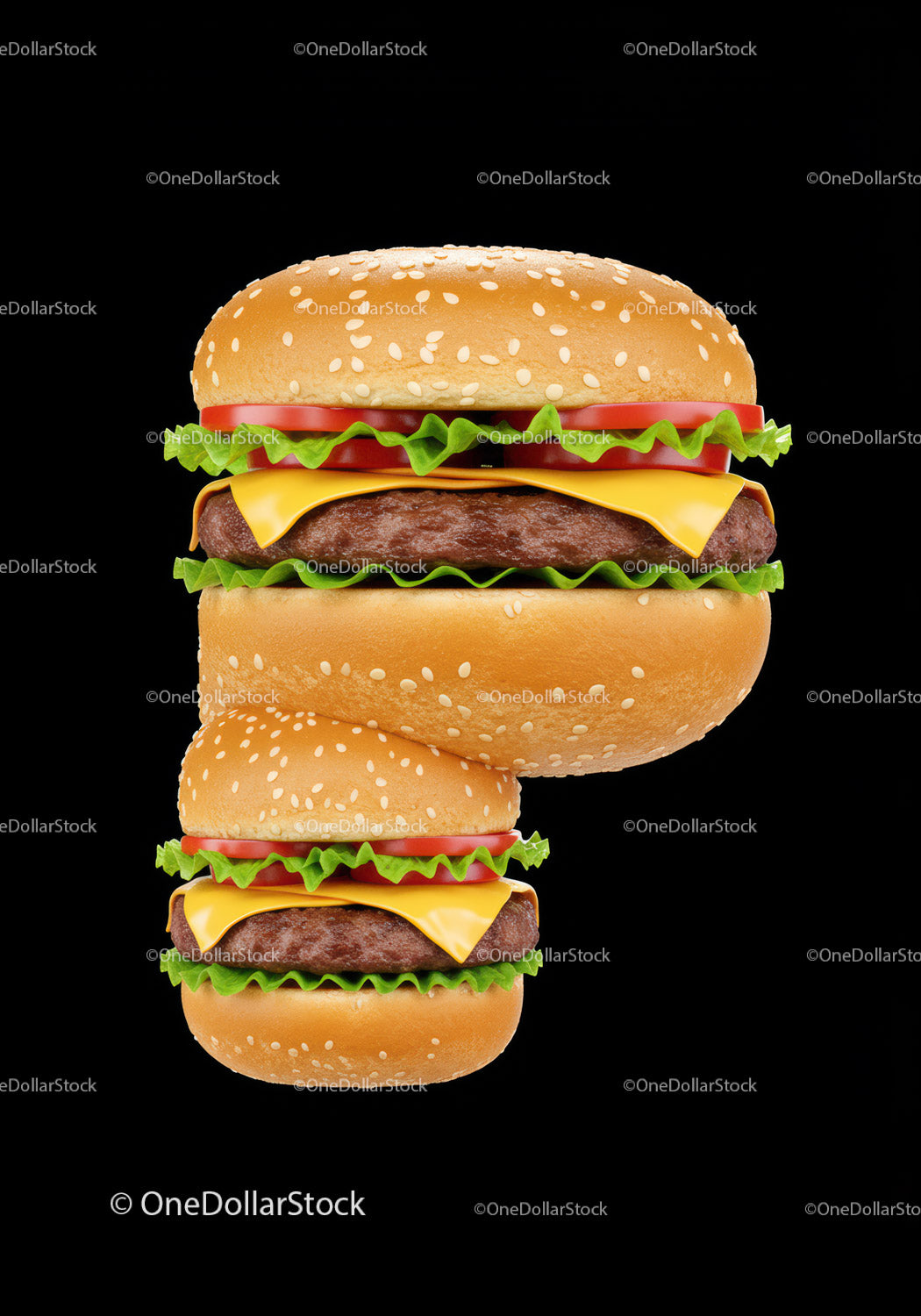 Stack of two classic cheeseburgers with fresh toppings