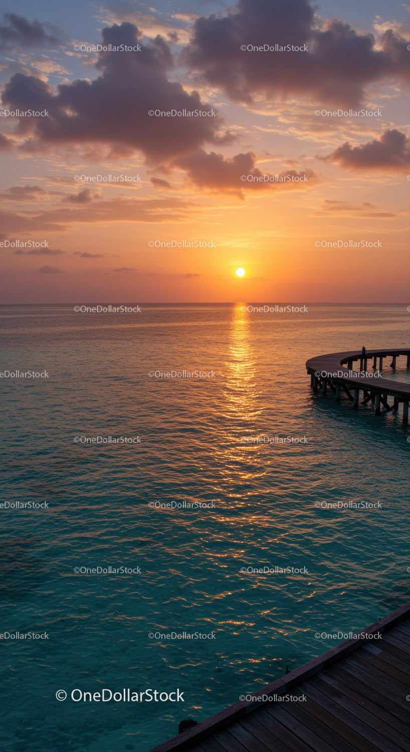 Beautiful Sunset Over Ocean with Pier and Cloudy Sky