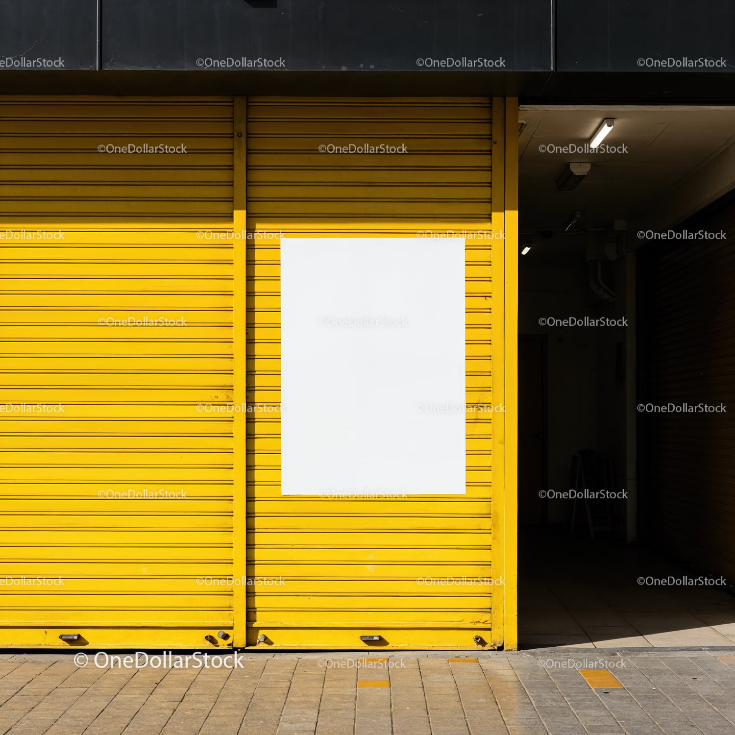 Empty white poster on vibrant yellow shutter door